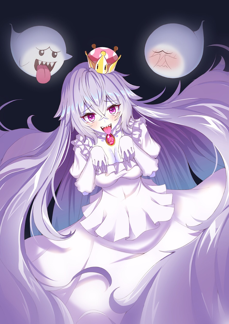 1girl black_background black_eyes blue_hair blush boo_(mario) breasts cleavage closed_mouth colored_skin covering_eyes creature crown dress eyelashes frills gem genderswap genderswap_(mtf) ghost ghost_pose glowing gradient_hair hair_between_eyes highres light_purple_hair long_eyelashes long_hair mario_(series) multicolored_hair open_mouth princess_king_boo purple_eyes red_gemstone sharp_teeth shiny shiny_skin simple_background solo syu45 teeth tongue tongue_out upper_teeth very_long_hair white_dress white_skin