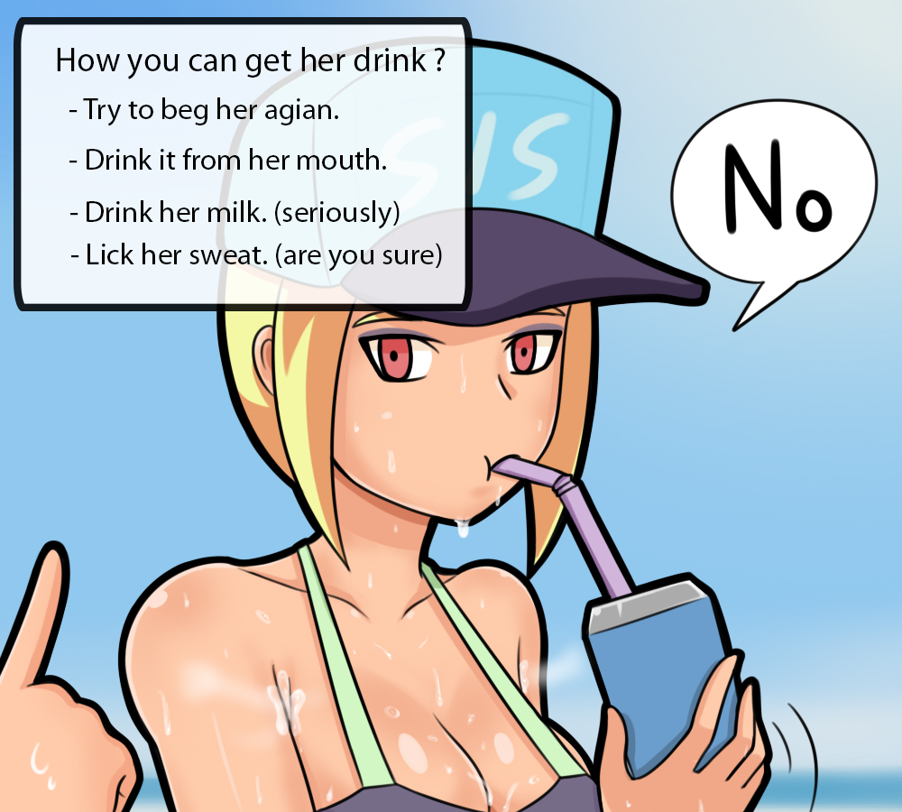 1girl 1other armpits bare_shoulders bikini blonde_hair blue_background breasts cleavage collarbone drink drinking drinking_straw drinking_straw_in_mouth food fruit hat lemon looking_at_another options original pointing red_eyes saberrung short_hair sidelocks speech_bubble sweat sweatdrop swimsuit upper_body wet