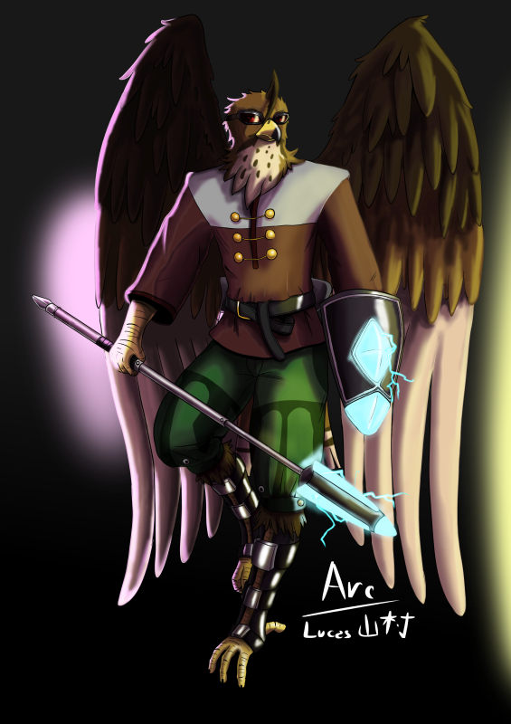 anthro arc_rose avian aviator_goggles bird brown_body clothed clothing electricity falcon falconid male melee_weapon polearm spear weapon wings