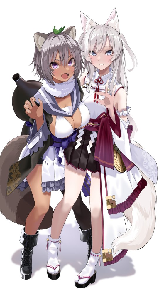 2girls :d animal_ears black_footwear black_legwear black_skirt blue_eyes blush boots breasts cleavage commentary_request cross-laced_footwear dark-skinned_female dark_skin fangs fox_shadow_puppet gomashi_(goma) grey_hair grey_sailor_collar grin lace-up_boots leaf leaf_on_head long_hair long_sleeves looking_at_viewer medium_breasts multiple_girls obi original pleated_skirt raccoon_ears raccoon_girl raccoon_tail ribbon-trimmed_legwear ribbon_trim sailor_collar sash shadow shide single_leg_pantyhose skirt smile socks standing tail two_side_up v-shaped_eyebrows white_background white_legwear wide_sleeves zouri