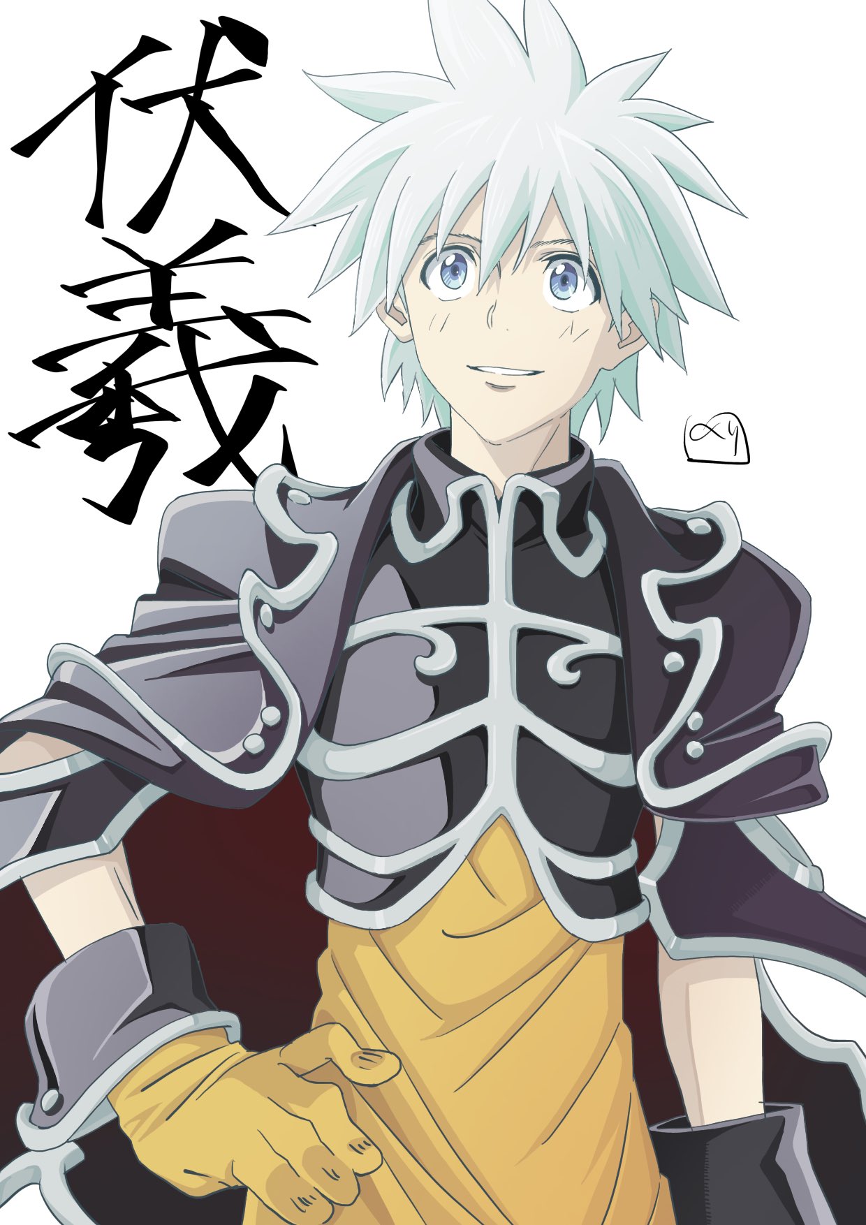 1boy blue_eyes cape fukki_(houshin_engi) gloves highres houshin_engi looking_at_viewer male_focus nori_(norimakigumo) simple_background smile solo spiked_hair white_background white_hair yellow_gloves