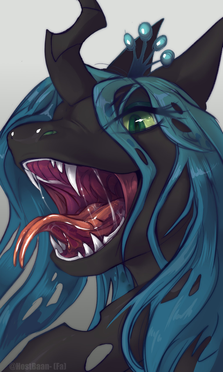 3:5 arthropod black_body blue_hair bodily_fluids changeling crown eyelashes female feral forked_tongue friendship_is_magic green_eyes green_sclera hair hasbro hi_res hostbaan mouth_shot my_little_pony open_mouth queen_chrysalis_(mlp) saliva sharp_teeth solo teeth tongue tongue_out