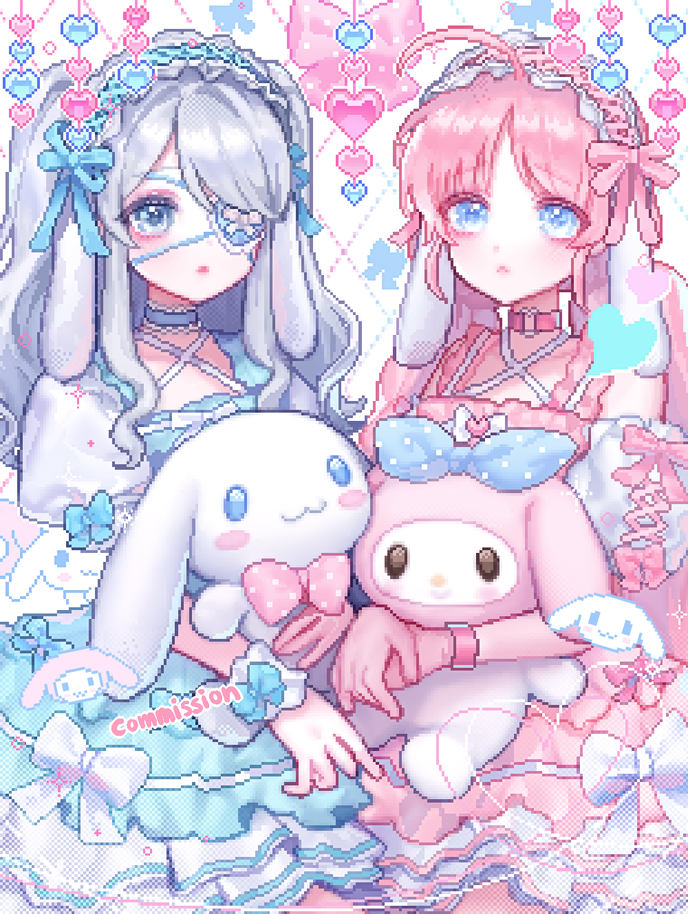 2girls :&lt; blue_eyes blue_ribbon bow bracelet choker chuu0105 cinnamoroll commission curly_hair detached_sleeves dress eyepatch frilled_choker frilled_dress frills grey_eyes grey_hair hair_over_one_eye heart highres holding holding_stuffed_toy jewelry lace-up_sleeves lolita_fashion long_hair maid_headdress multiple_girls my_melody one_eye_covered original pink_bow pink_bracelet pink_hair pink_ribbon pixel_art polka_dot polka_dot_bow puffy_short_sleeves puffy_sleeves ribbon sanrio short_hair short_sleeves sleeve_bow striped striped_dress stuffed_toy symmetry