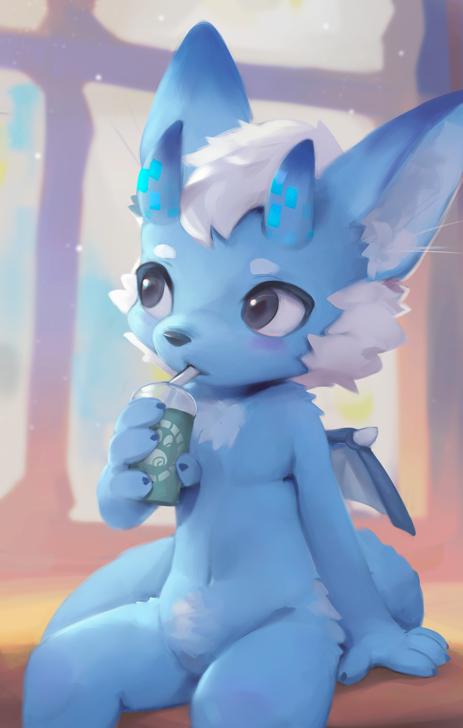 anthro beverage chilling coffee cugi_the_dragon elodoart hi_res horn male pose solo wings