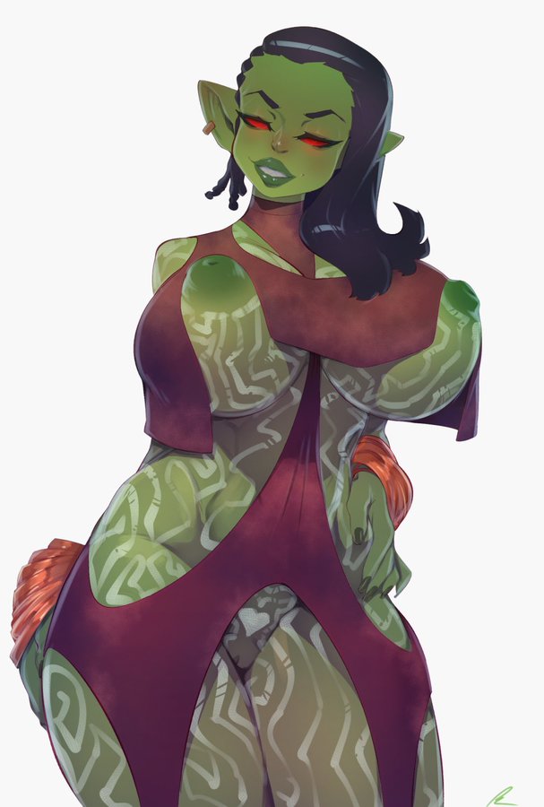 black_hair bodypaint breasts clothed clothing ear_piercing female genitals goblin green_body green_skin hair humanoid long_ears nipples partially_clothed piercing pkay_(artist) pussy red_eyes sharp_teeth solo teeth the_wandering_inn ulvama white_paint