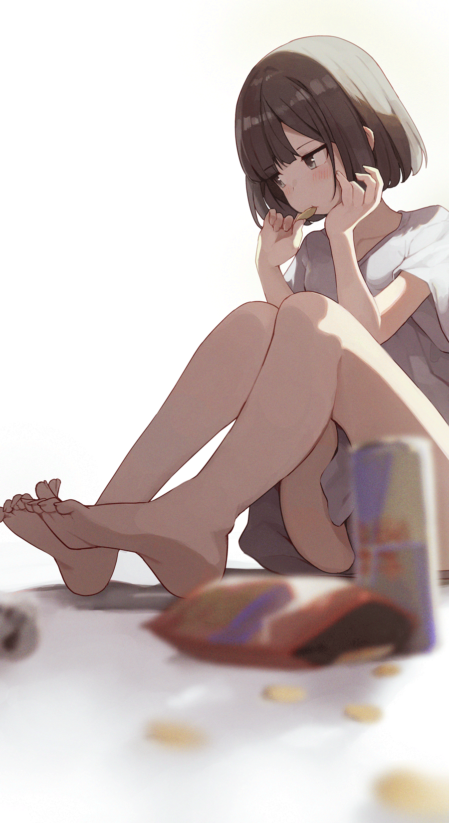 1girl barefoot blurry blurry_foreground blush brown_eyes brown_hair can chips convenient_censoring eating food highres hiroki_(yyqw7151) holding holding_food legs looking_to_the_side original shirt short_hair short_sleeves simple_background sitting soles solo t-shirt white_background white_shirt
