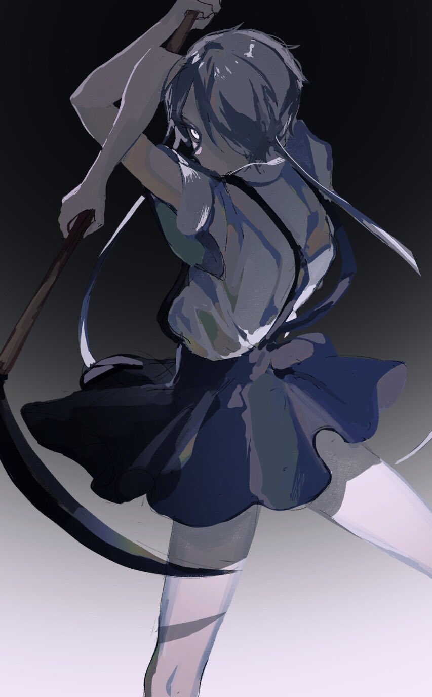 1other androgynous arms_up back colored_skin crossed_arms fighting_stance gem_uniform_(houseki_no_kuni) ghost_quartz_(houseki_no_kuni) grey_hair hair_over_one_eye highres holding holding_weapon houseki_no_kuni kawaii_wanal legs_apart looking_back other_focus pose scythe serious shirt short_hair short_hair_with_long_locks skirt suspender_skirt suspenders weapon white_eyes white_shirt white_skin wide_sleeves