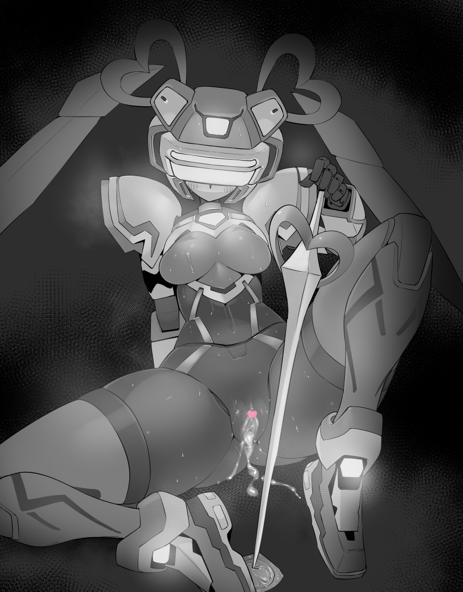 1girl android blush breasts censored cum cum_in_pussy cumdrip fei-yen greyscale heart heart_censor heart_hair holding holding_sword holding_weapon looking_at_viewer medium_breasts monochrome nude pochincoff pussy robot sitting solo spread_legs sweat sword twintails virtual_on weapon