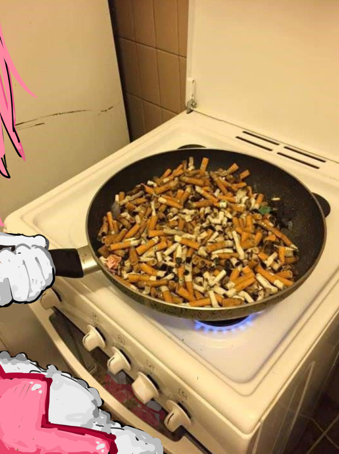 1girl bad_food cigarette_butt commentary cooking dress english_commentary fire frying_pan gloves holding holding_frying_pan iamgod_0526 indoors kaname_madoka mahou_shoujo_madoka_magica mixed_media out_of_frame photo_background pink_dress pink_hair solo stove tile_wall tiles white_gloves