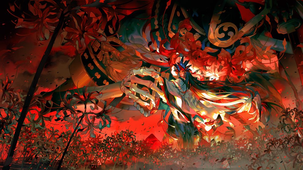 1girl absurdly_long_hair black_hair butterfly_hair_ornament character_request field flower flower_field from_behind from_below giant hair_flower hair_ornament higanbana_(onmyoji) japanese_clothes kimono long_hair long_sleeves looking_back onmyoji outstretched_arm overcast red_flower red_sky skeleton sky solo_focus spider_lily standing starstruckdon straight_hair very_long_hair wide_shot wide_sleeves yomei_higanbana_(onmyoji) youkai