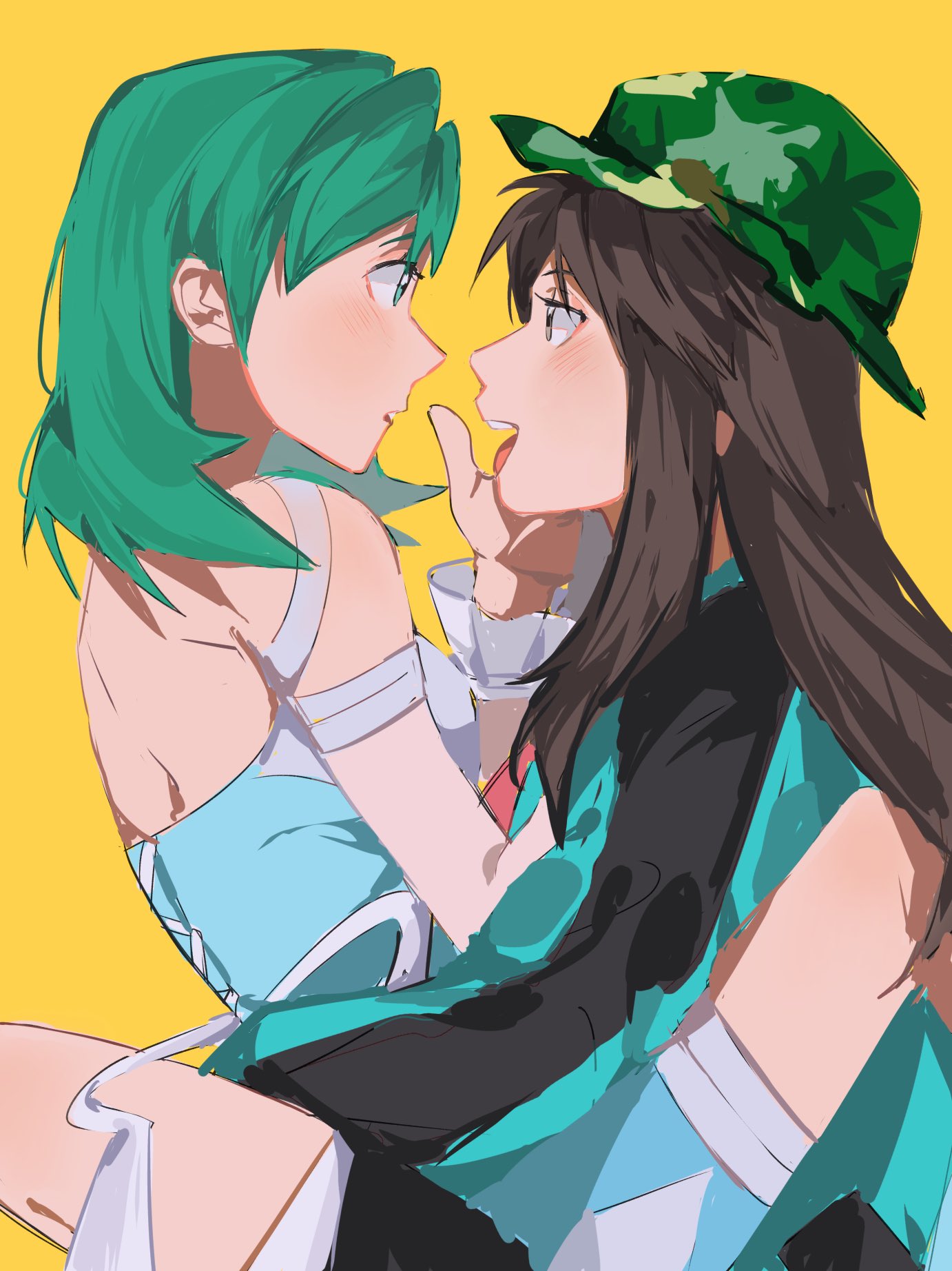 2girls aqua_dress aqua_eyes aqua_hair bare_back bare_shoulders blush breasts brown_hair dress face-to-face green_headwear green_jacket hair_ornament halter_dress halterneck hand_on_another's_face hat highres holding_person jacket kris_(pokemon) leaf_(pokemon) long_hair looking_at_another medium_hair mei_(manjunii) multiple_girls official_alternate_costume pokemon pokemon_(game) pokemon_masters_ex shorts shorts_under_dress side_slit small_breasts tongue tongue_out wrist_cuffs yellow_background yuri