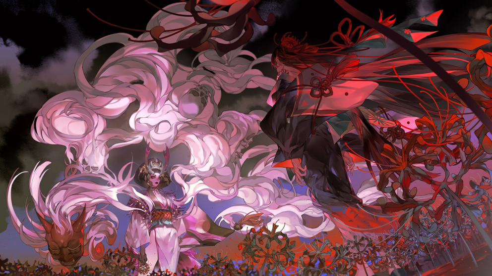 2girls armor arms_at_sides black_hair black_kimono breasts character_request cleavage dutch_angle faceoff field floating_hair floral_print flower flower_field from_below hair_flower hair_ornament higanbana_(onmyoji) horns japanese_clothes kimono long_hair long_sleeves multiple_girls obi onmyoji overcast red_flower sash sky smoke spider_lily standing starstruckdon straight_hair two-sided_fabric updo very_long_hair wind youkai