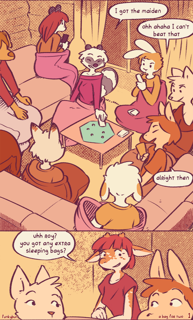 board_game cabin canid canine canis cervid comic domestic_dog funkybun furniture group male mammal sleeping_bag sofa text trans_(lore) trans_woman_(lore)