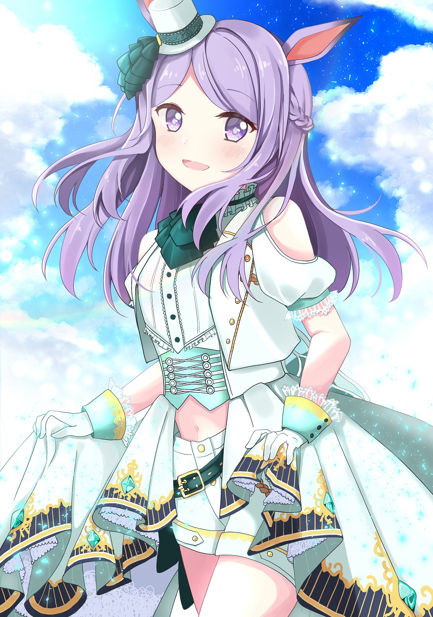 1girl :d animal_ears aqua_ascot ascot bangs belt blush braid clothing_cutout cloud cloudy_sky commentary cowboy_shot cuffs day french_braid gloves hat highres horse_ears horse_girl lavender_hair long_hair looking_at_viewer loose_belt mejiro_mcqueen_(umamusume) midriff mini_hat open_mouth parted_bangs puffy_short_sleeves puffy_sleeves purple_eyes purple_hair sakura4620 short_sleeves shorts shoulder_cutout showgirl_skirt shrug_(clothing) skirt skirt_hold sky smile solo umamusume white_gloves white_headwear white_shorts white_skirt