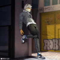 anthro blue_clothing blue_footwear blue_shoes bottomwear bulge_frottage clothed clothing digital_drawing_(artwork) digital_media_(artwork) fashion felid footwear fur graffiti hair jacket looking_at_viewer low_res male mammal nike orange_body orange_fur pantherine pose shaded shoes signature simple_background smile solo solo_focus street stripes text thumbnail tiger topwear vikifox white_hair