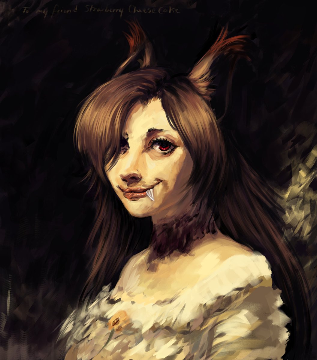 animal_humanoid brown_hair bust_portrait canid canid_humanoid canine canine_humanoid female fox_humanoid hair hair_over_eye hi_res humanoid mammal mammal_humanoid misstwipietwins one_eye_obstructed portrait red_eyes snaggle_tooth solo strawberry_cheesecake_(glacierclear) vampire