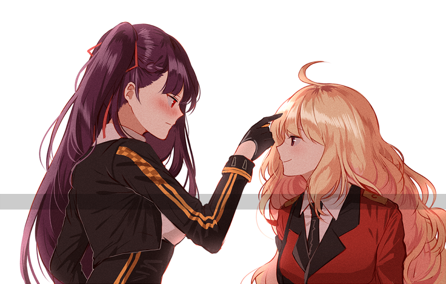 2girls ahoge bangs black_gloves black_necktie blonde_hair blush brown_eyes closed_mouth coat commentary curly_hair embarrassed english_commentary female_commander_(girls'_frontline) from_side girls'_frontline gloves hair_ribbon long_hair looking_at_another messy_hair military military_uniform multiple_girls necktie officer pleated_coat pleated_shirt ponytail purple_hair red_coat red_eyes red_hair red_ribbon ribbon shirt side_ponytail silence_girl simple_background smile uniform very_long_hair wa2000_(girls'_frontline) white_background white_shirt