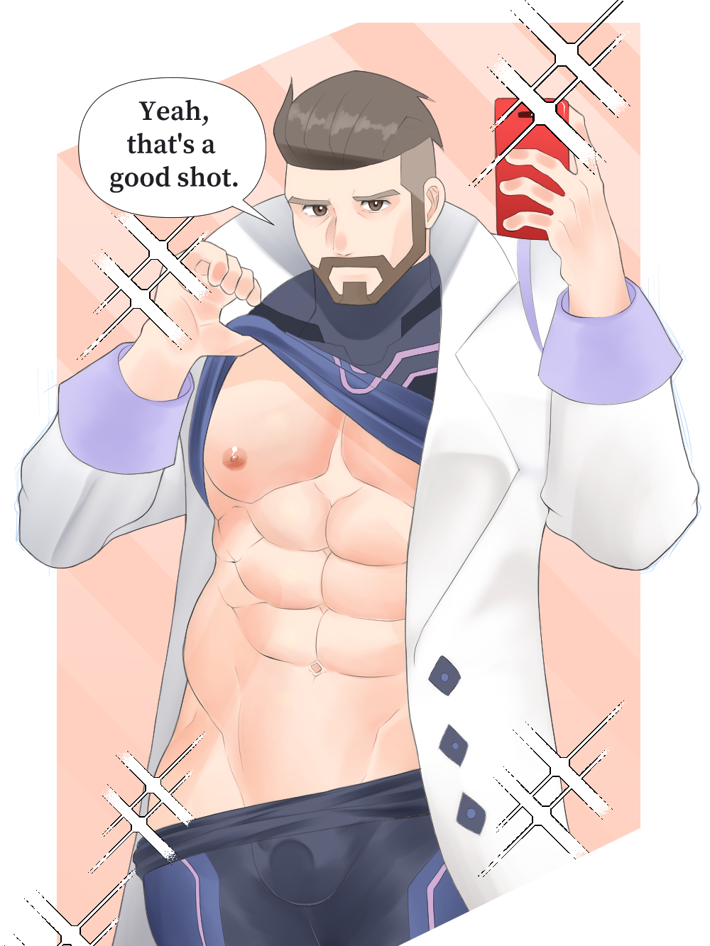 1boy abs bara beard black_bodysuit bodysuit brown_eyes bulge closed_mouth clothes_lift clothes_pull facial_hair highres holding holding_phone labcoat large_pectorals lifted_by_self looking_at_viewer male_focus multicolored_bodysuit multicolored_clothes muscular muscular_male navel nipples open_labcoat pectorals phone pink_bodysuit pokemon pokemon_(game) pokemon_sv purple_bodysuit solo turo_(pokemon) undercut ushio_takigawa
