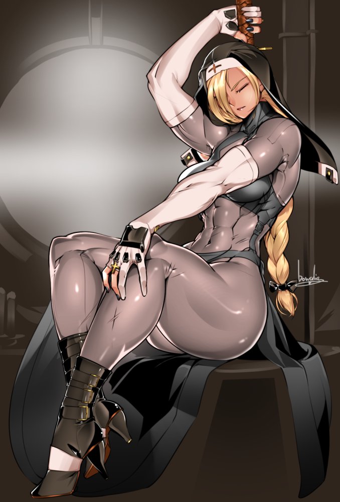 1girl abs blonde_hair bodysuit bowalia braid candle candlestand closed_eyes clothes_lift cross elbow_gloves gloves habit hair_over_one_eye hair_ribbon hand_on_own_knee high_heels long_braid mirror muscular muscular_female nun original over_shoulder ribbon sitting skirt solo thick_thighs thighs weapon weapon_over_shoulder