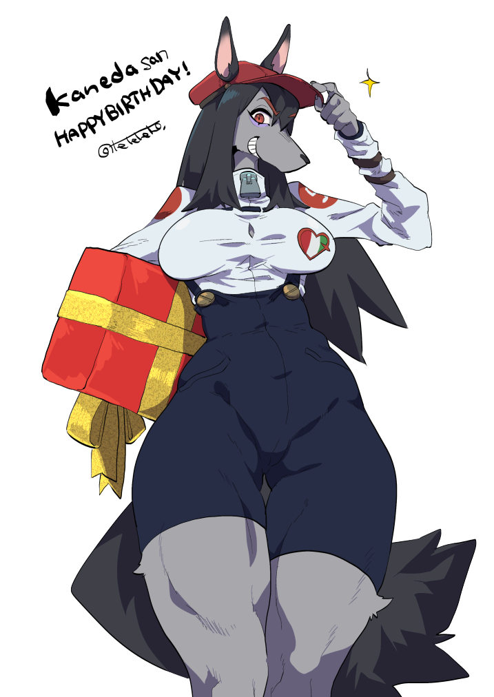 &lt;3 2021 5_fingers ariette_giocometti_(hideki_kaneda) biped black_body black_ears black_fur black_hair black_nose black_tail blue_overalls breasts canid canine canis claws clothing dark_ears dark_hair dark_nose dark_tail digital_media_(artwork) domestic_dog eyebrow_through_hair eyebrows finger_claws fingers fur fur_tuft gift_box grey_body grey_claws grey_fur grin hair hair_between_eyes hat headgear headwear humanoid_hands italian_flag kemono leg_tuft long_sleeves mammal medium_breasts monotone_claws monotone_ears monotone_eyebrows monotone_hair monotone_nose monotone_tail overalls pink_inner_ear red_clothing red_eyebrows red_eyes red_hat red_headwear simple_background smile snout standing teeth teteteko thigh_gap translucent translucent_hair tuft white_background zipper