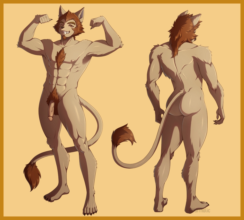 1:1 anthro butt canid canine canis digital_drawing_(artwork) digital_media_(artwork) digital_painting_(artwork) duo felid flexing flexing_bicep flexing_both_biceps flexing_muscles furrholic genitals hair hybrid lion looking_at_viewer male mammal muscular pantherine penis pubes red_hair smile smiling_at_viewer smirk wolf