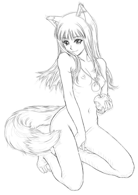 animal_ears apple bad_id bad_pixiv_id barefoot breasts food fruit greyscale holo kneeling long_hair mihoto_kouji monochrome nude sketch small_breasts solo spice_and_wolf tail