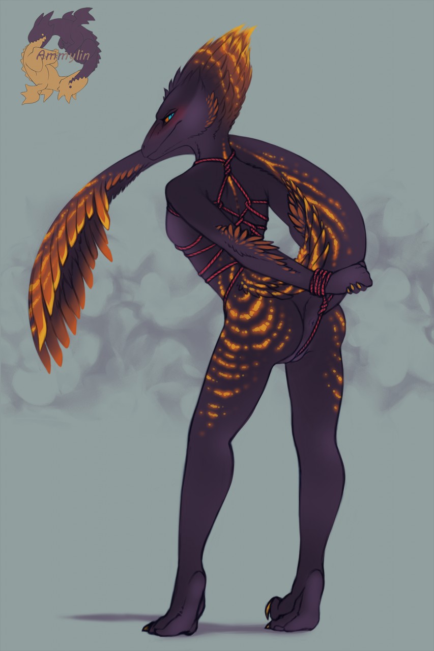 2019 4_fingers ammylin anthro anus arm_feathers arms_tied barely_visible_breasts bdsm blue_eyes blush bondage bound breasts butt claws crotch_rope digitigrade dinosaur dromaeosaurid feathers female finger_claws fingers genitals grey_background hands_behind_back hands_behind_tail head_feathers hi_res inviting leaning leaning_forward markings orange_body orange_claws orange_feathers orange_markings orange_sclera pawpads pink_rope presenting presenting_anus presenting_hindquarters presenting_pussy purple_body purple_feathers purple_pawpads pussy raised_tail raptor_claws reptile restraints rope rope_bondage rope_harness scalie simple_background solo standing tail_feathers theropod toe_claws