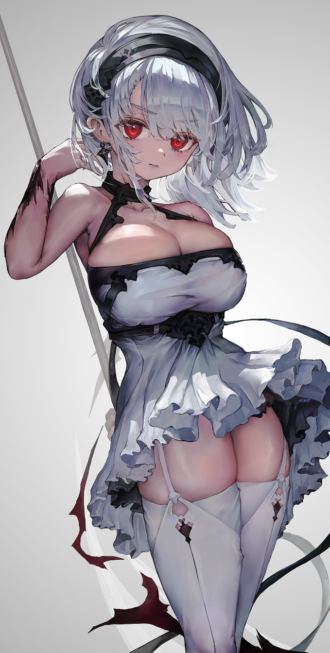 1girl bare_shoulders breasts cleavage closed_mouth collarbone dress earrings garter_straps gradient gradient_background grey_background highres holding holding_staff jewelry large_breasts leg_garter looking_at_viewer original red_eyes short_hair sleeveless sleeveless_dress solo staff standing thighhighs thighs voruvoru white_dress white_hair white_legwear