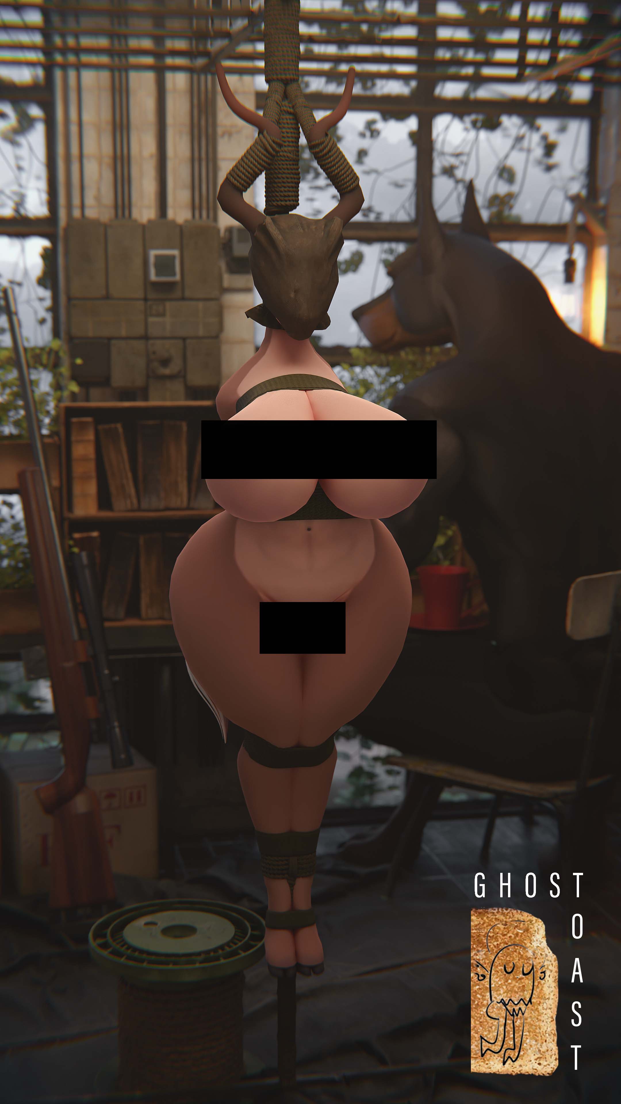 16:9 absurd_res antelope anthro areola arms_tied asphyxiation bag_over_head ball_gag bdsm big_breasts black_bottomwear black_clothing black_pants blindfold bondage bottomwear bound bovid breasts canid canine canis captured cervid clothed clothed/nude clothing dobermann domestic_dog dominant dominant_male female gag gagged genitals ghostoast gloves_(marking) gun hands_behind_back hi_res horn legs_tied male male/female mammal markings montgomery_glands multicolored_body nipples noose nude pants pink_areola pink_ball_gag pinscher pussy ranged_weapon rifle shirt submissive submissive_female topwear two_tone_body unconscious unguligrade_anthro unguligrade_feet weapon wide_hips widescreen