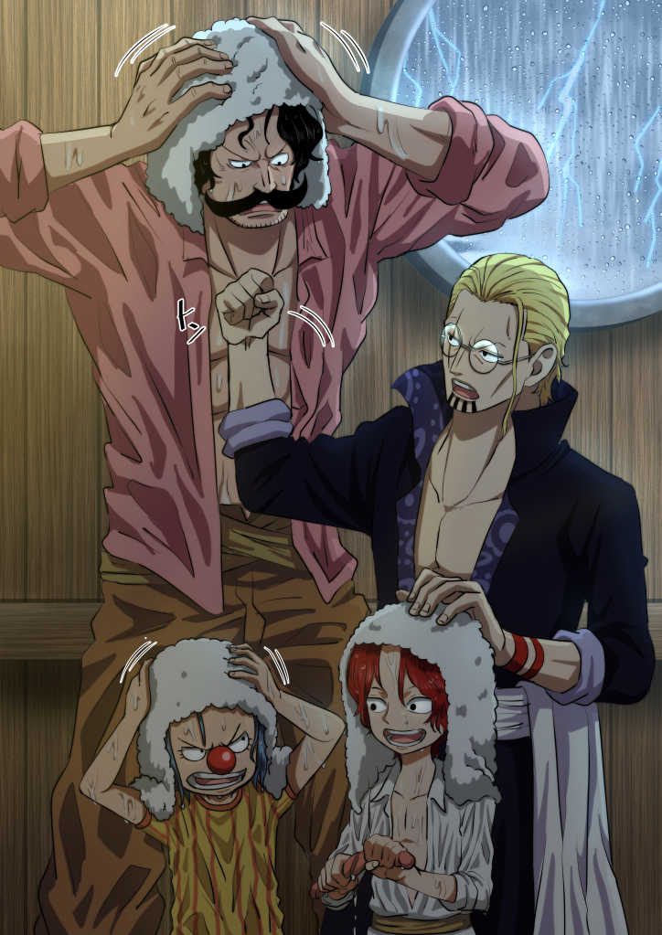&gt;:( 4boys :d black_hair blonde_hair buggy_the_clown dark facial_hair glasses gol_d._roger indoors male_focus multiple_boys musasabiop mustache one_piece open_clothes open_shirt rain red_hair scolding shanks silvers_rayleigh smile towel towel_on_head v-shaped_eyebrows wet wet_clothes wet_hair