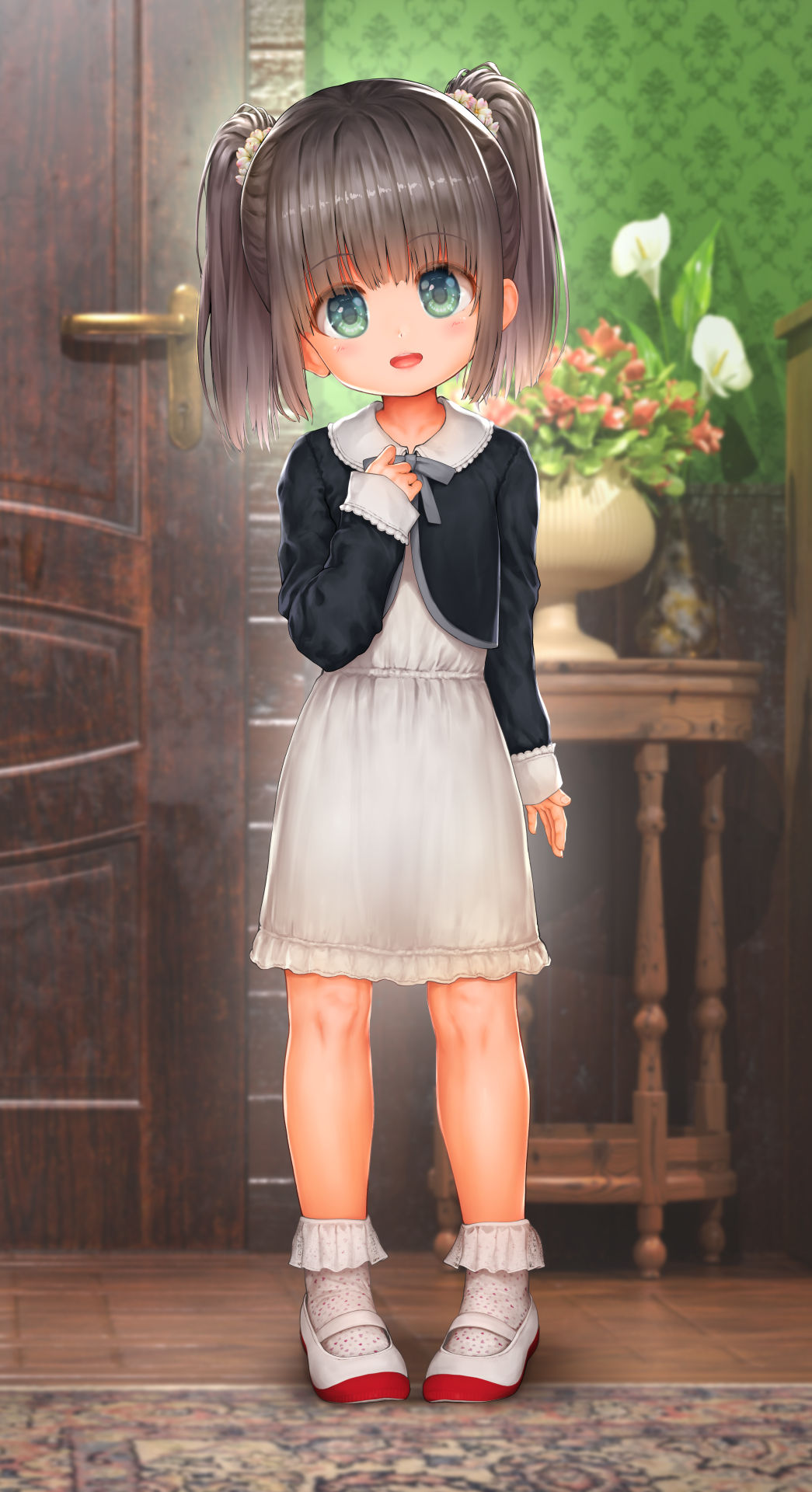 1girl black_hair black_shirt child door dress endou_hiroto female_child flower full_body green_eyes highres open_mouth original shirt shoes smile socks solo table two_side_up white_dress white_footwear