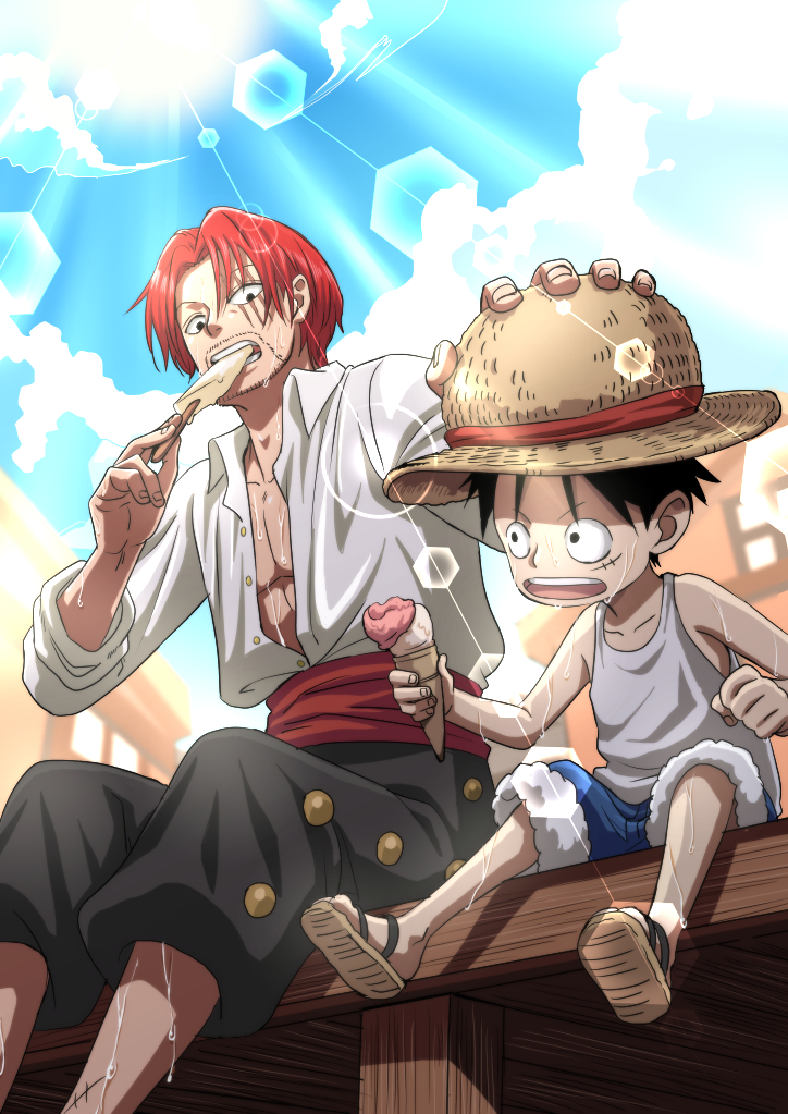 2boys black_hair child eating facial_hair food hand_on_another's_head hand_on_headwear hat hot ice_cream male_child male_focus monkey_d._luffy multiple_boys musasabiop one_piece outdoors red_hair sandals shanks shorts sleeveless straw_hat sweat