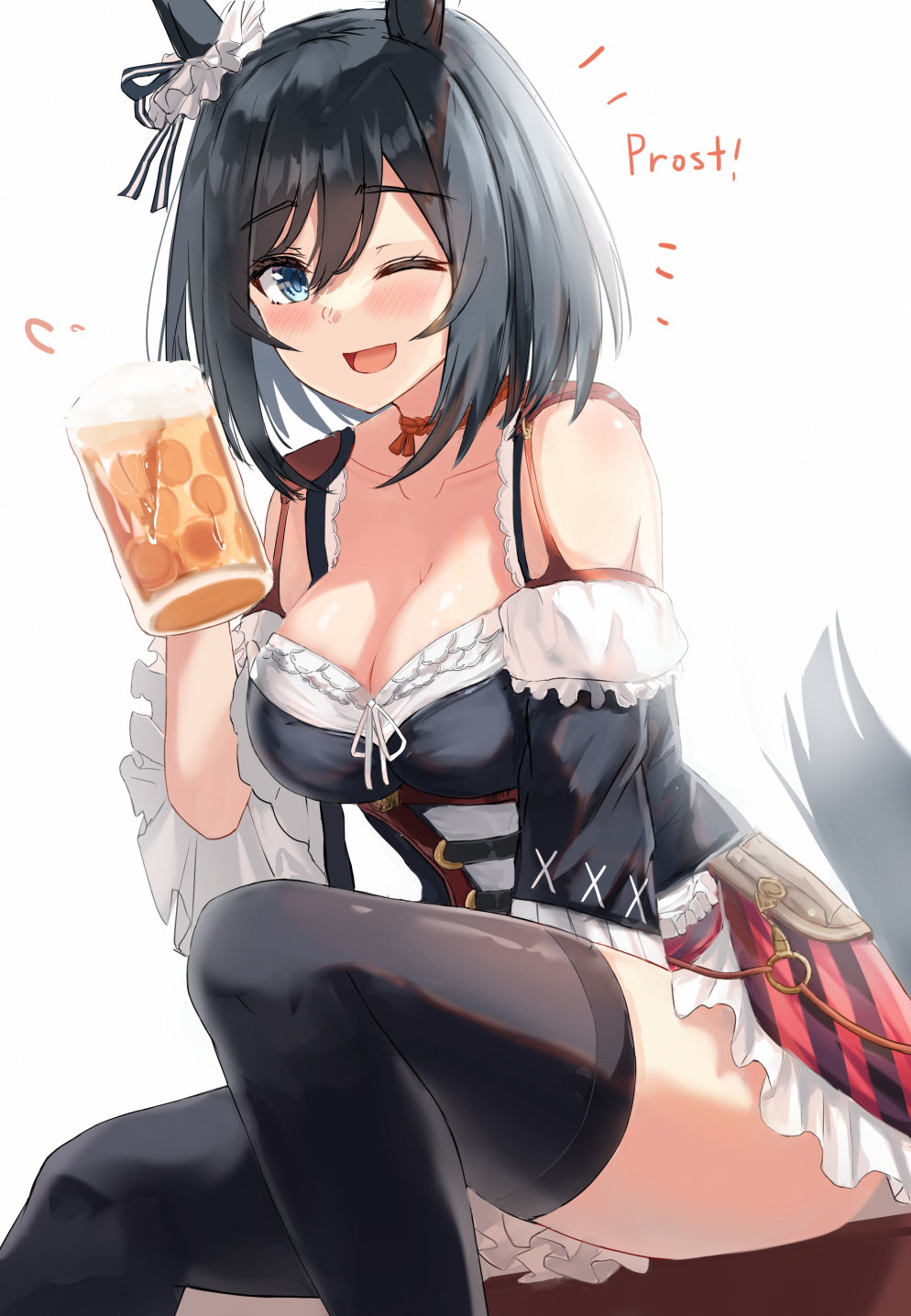 1girl alcohol animal_ears bangs beer black_hair black_legwear blue_eyes breasts cleavage eishin_flash_(umamusume) eyebrows_visible_through_hair hair_ornament highres horse_ears horse_girl horse_tail karo-chan large_breasts looking_at_viewer one_eye_closed open_mouth red_skirt short_hair sitting skirt smile tail thighhighs thighs umamusume white_background