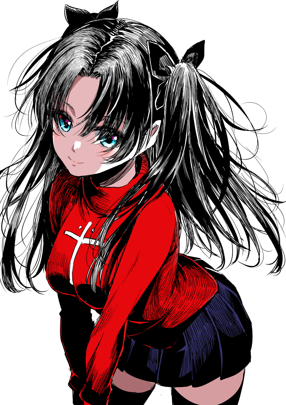 1girl attsun_(atsushi_jb) black_hair black_legwear black_ribbon black_skirt blue_eyes breasts closed_mouth commentary_request cross fate/stay_night fate_(series) hair_ribbon highres latin_cross leaning_forward long_sleeves looking_at_viewer medium_breasts miniskirt pleated_skirt red_sweater ribbon simple_background sketch skirt smile solo sweater thighhighs tohsaka_rin turtleneck turtleneck_sweater two_side_up white_background zettai_ryouiki