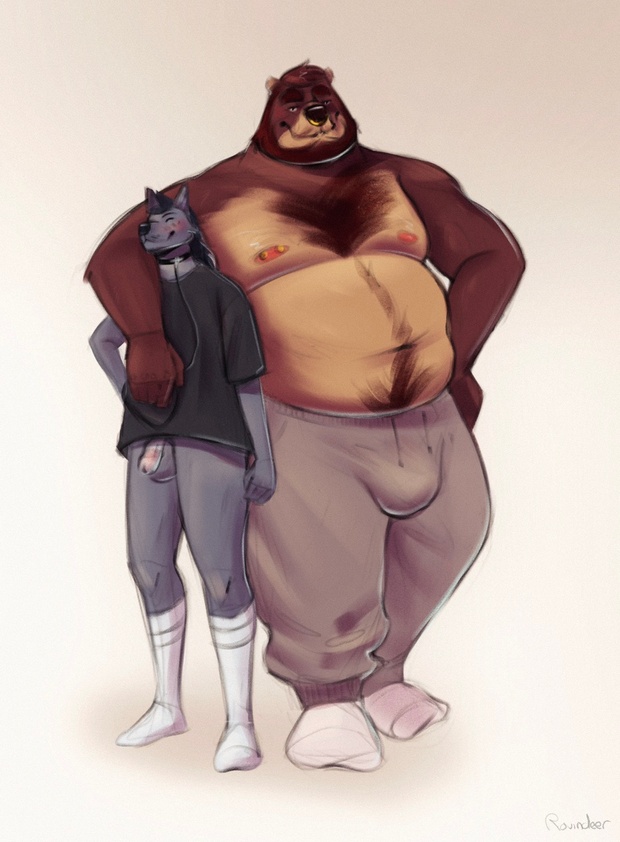 alex_(rovindeer) anthro arm_around_shoulders balls beard biped black_hair blush bottomless brown_body brown_fur brown_hair bulge canid canine canis chastity_cage chastity_device chest_tuft clothed clothing collar digital_drawing_(artwork) digital_media_(artwork) duo eyes_closed facial_hair facial_piercing footwear fur gabriel_(rovindeer) genitals grey_body grey_fur hair holding_leash holding_object leash looking_at_viewer male mammal multicolored_body multicolored_fur nipple_piercing nipples nose_piercing piercing pubes rovindeer shirt signature simple_background size_difference smile socks standing sweatpants topwear tuft two_tone_body two_tone_fur ursid white_background wolf