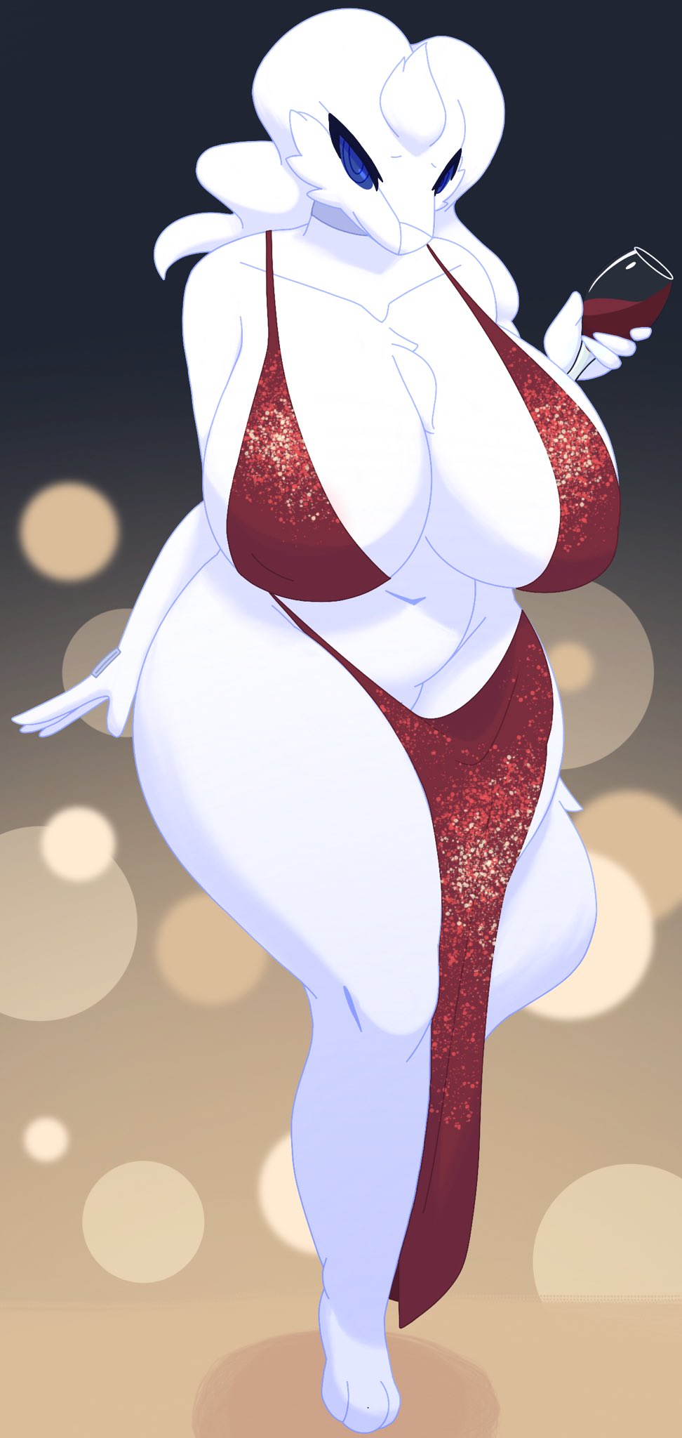 alcohol anthro barely_visible_genitalia barely_visible_pussy beverage big_breasts breasts clothed clothing dullyarts female fur genitals hi_res holding_beverage holding_object huge_breasts legendary_pok&eacute;mon nintendo pok&eacute;mon pok&eacute;mon_(species) pussy reshiram skimpy solo thick_thighs video_games white_body white_fur wine