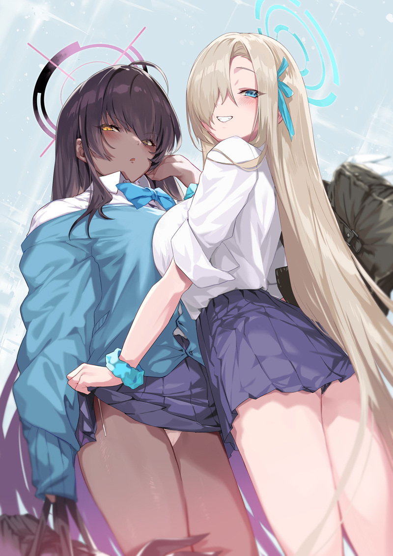 2girls ahoge asuna_(blue_archive) bag bangs blonde_hair blue_archive blue_bow blue_bowtie blue_eyes blue_ribbon blue_skirt blue_sweater bow bowtie breasts brown_hair clothes_lift collared_shirt cowboy_shot dark-skinned_female dark_skin dutch_angle grin hair_over_one_eye hair_ribbon halo holding holding_bag karin_(blue_archive) large_breasts lifted_by_another long_hair long_sleeves multiple_girls off_shoulder ohland open_mouth panties pleated_skirt ribbon school_uniform scrunchie shirt sidelocks skirt skirt_lift sleeves_folded_up sleeves_past_wrists smile sweater teeth thighs underwear white_panties white_shirt wrist_scrunchie yellow_eyes