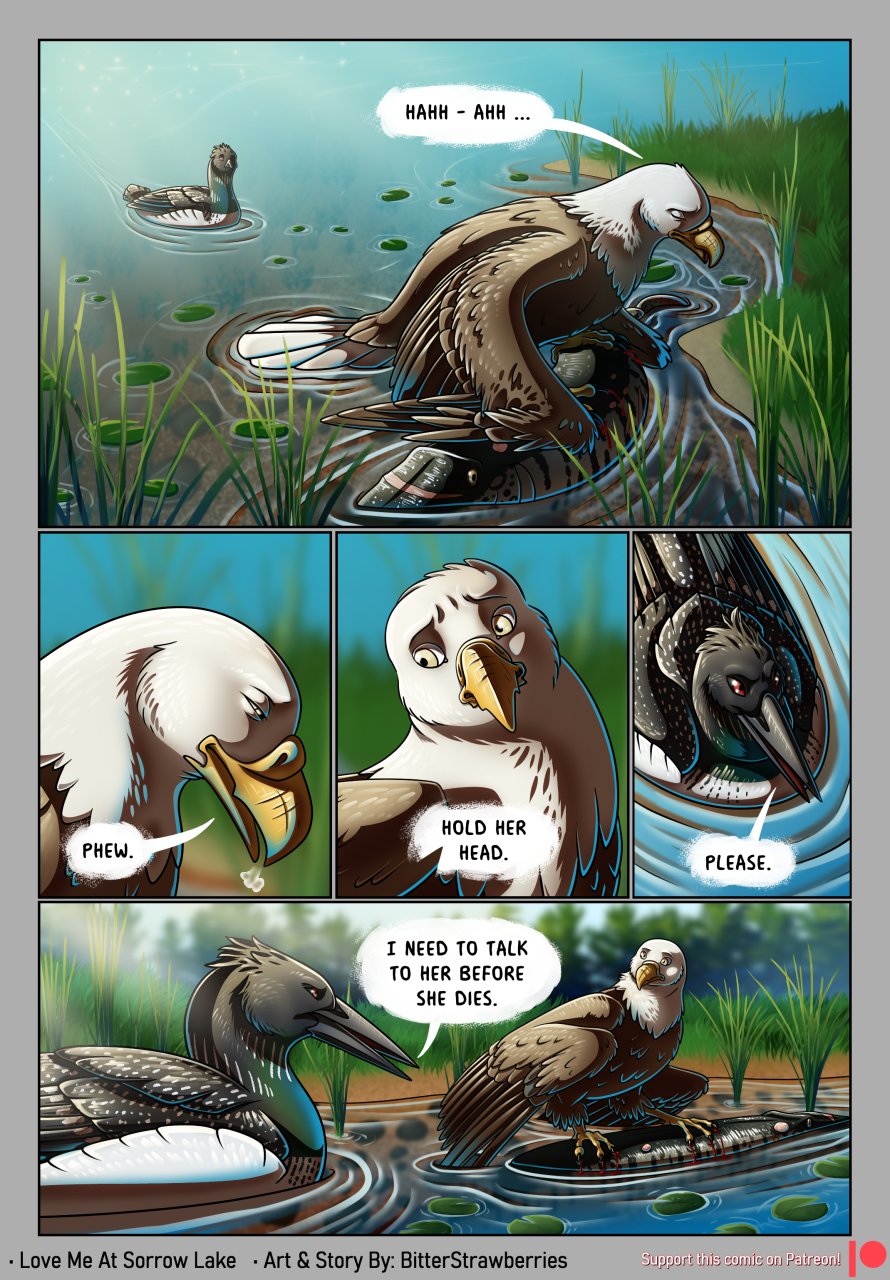 accipitrid accipitriform avian bald_eagle bird bitterstrawberries blood bodily_fluids breath comic digital_media_(artwork) eagle exhausted female feral fish group hi_res lake lily_pad loon marine partially_submerged plant sea_eagle shoreline swimming trio water