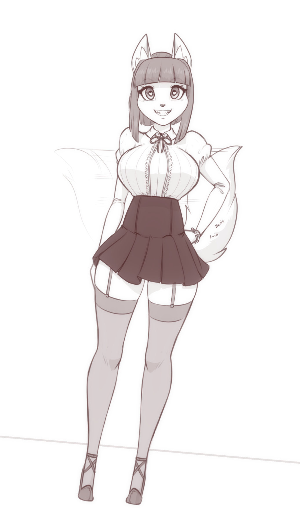 &lt;3 &lt;3_eyes anthro big_breasts breasts canid clothing female garter_straps hi_res high_heels legwear looking_at_viewer mammal scorpdk smile solo stockings tail_motion tailwag toothy_smile