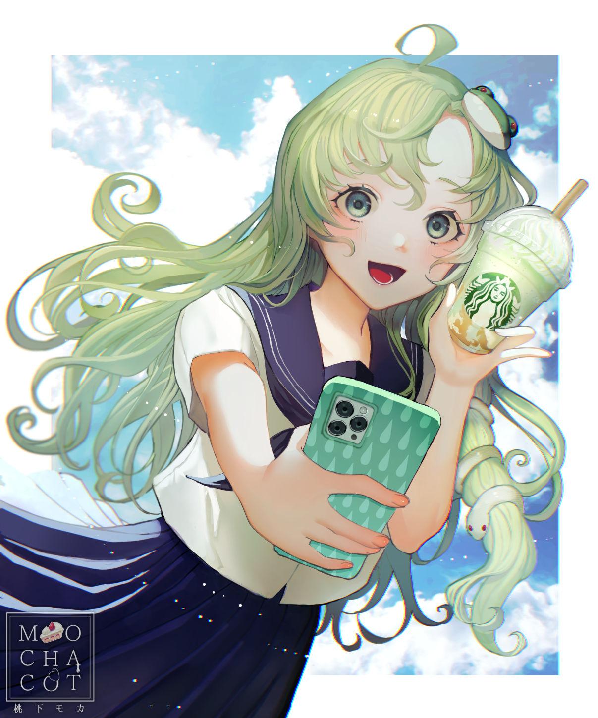 1girl ahoge artist_name blue_sailor_collar blue_skirt blush cellphone drink drinking_straw frog_hair_ornament green_eyes green_hair hair_ornament highres holding holding_drink holding_phone iphone kochiya_sanae long_hair mochacot open_mouth phone pleated_skirt sailor_collar school_uniform serafuku short_sleeves skirt smartphone smile solo starbucks touhou