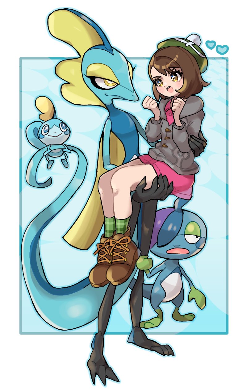 +_+ 1girl blush bob_cut boots border bright_pupils brown_eyes brown_footwear brown_hair buttons cable_knit cardigan carrying clenched_hands closed_mouth collared_dress dress drizzile evolutionary_line fu_(tk1189227dhy) gloria_(pokemon) green_headwear green_legwear grey_cardigan hands_up hat heart highres hooded_cardigan inteleon open_mouth pink_dress plaid plaid_legwear pokemon pokemon_(creature) pokemon_(game) pokemon_swsh short_hair smile sobble socks standing symbol-only_commentary tam_o'_shanter white_border yellow_eyes