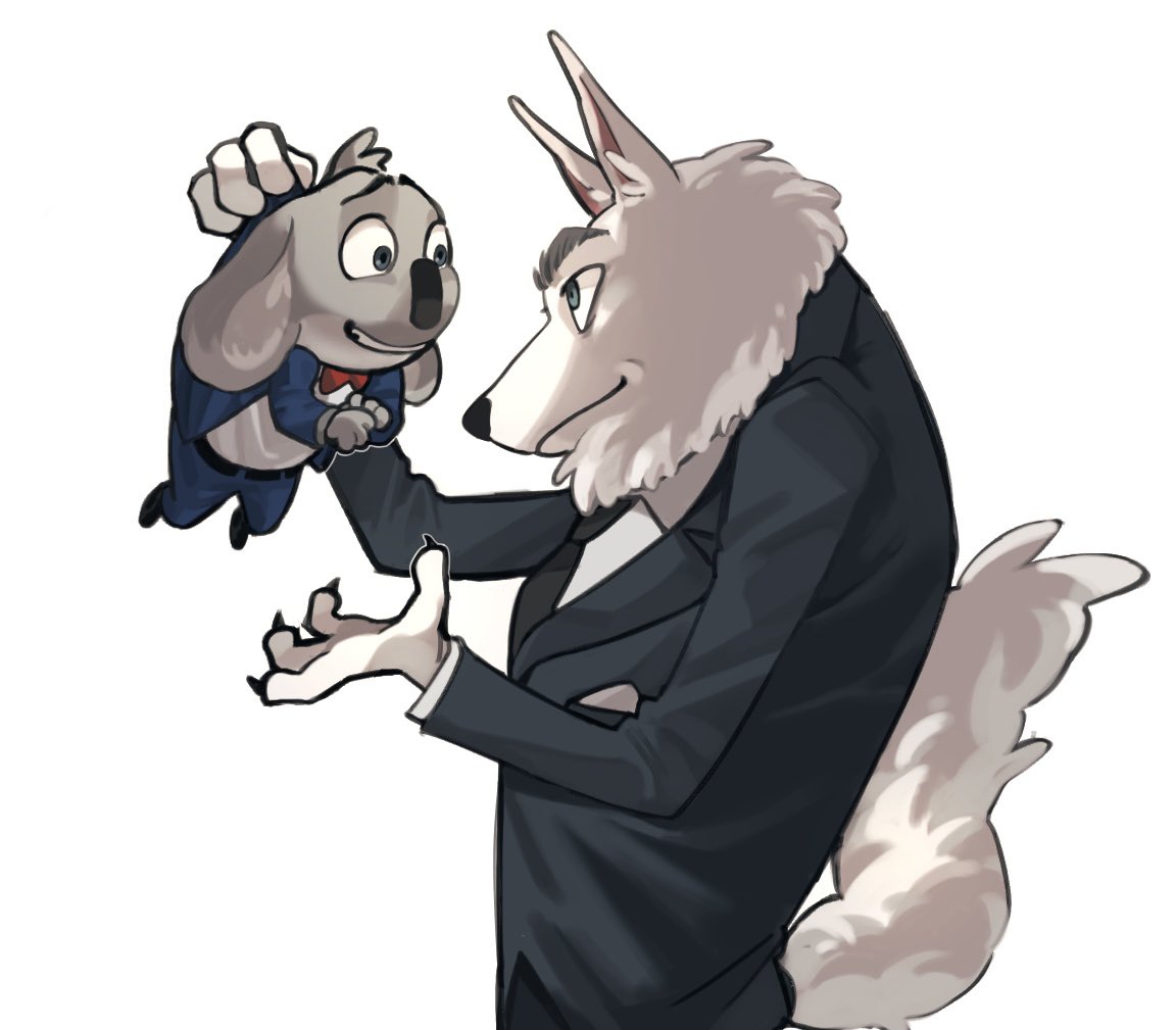 anthro arctic_wolf bow_tie buster_moon canid canine canis clothing dududud_duu duo fluffy holding_person illumination_entertainment jimmy_crystal koala larger_male male mammal marsupial neck_tuft necktie simple_background sing_(movie) size_difference smaller_male standing suit tuft vombatiform white_background wolf