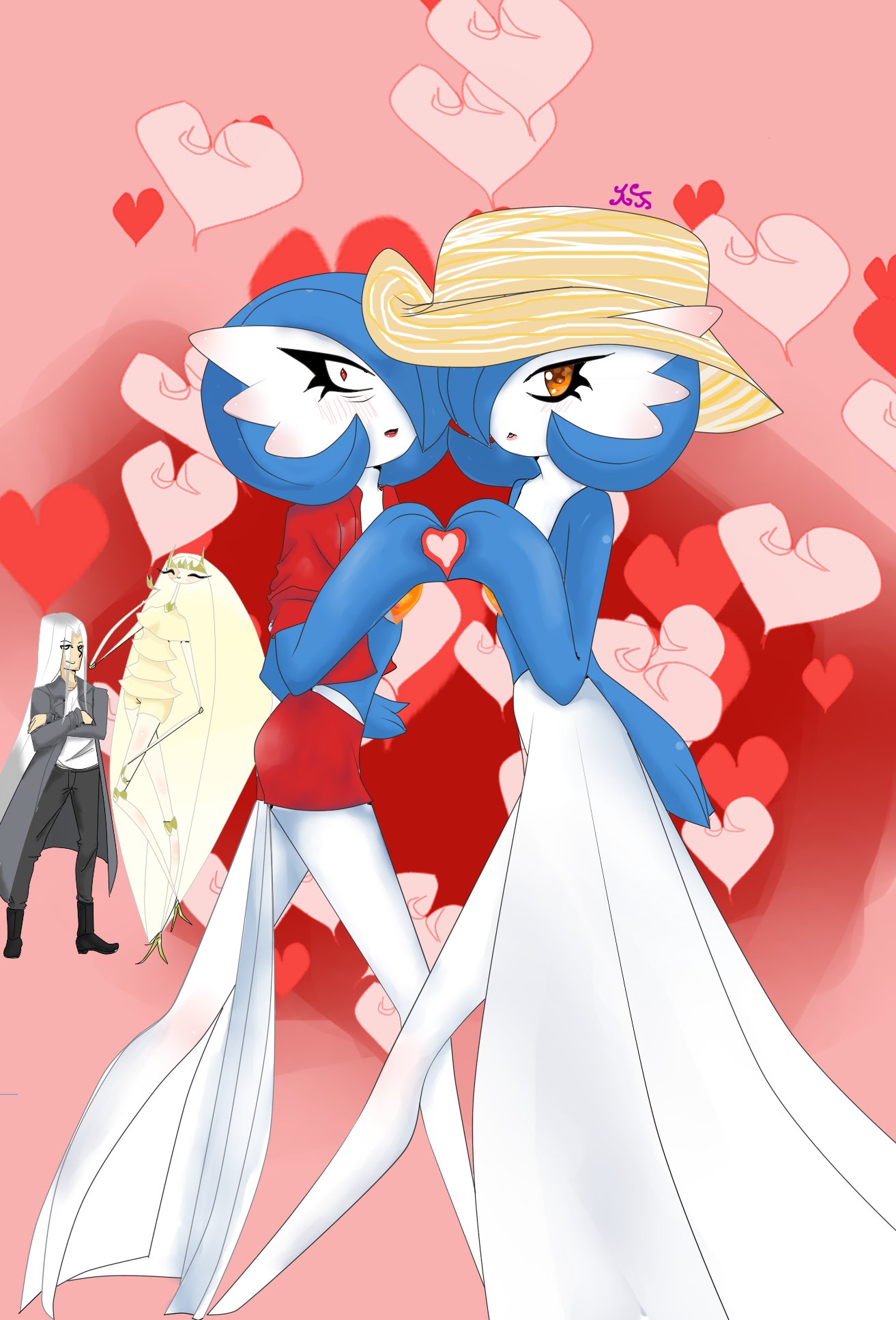 2022 3_fingers andromeda_(renv) anthro arthropod bags_under_eyes blue_hair blush blush_lines clothing dual_persona female fingers gardevoir gesture group hair hair_over_eye hand_heart hat headgear headwear hi_res holidays human humanoid looking_at_viewer mammal nintendo not_furry one_eye_obstructed orange_eyes pheromosa pok&eacute;mon pok&eacute;mon_(species) red_eyes renv saeko_(renv) shaded shiny_gardevoir shiny_pok&eacute;mon sigma_(renv) signature simple_background simple_shading size_difference split_personality ultra_beast valentine's_day video_games