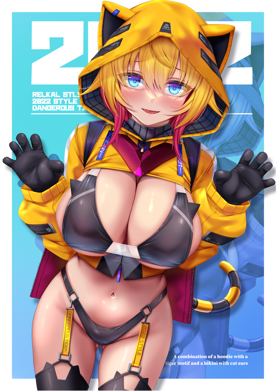 1girl :d bikini black_bikini black_gloves black_legwear blonde_hair blue_background blue_eyes blush breasts character_name chinese_zodiac cowboy_shot english_text gloves groin highres hood hoodie huge_breasts indie_virtual_youtuber looking_at_viewer mechanical_tail multicolored_hair navel open_mouth orange_hoodie red_hair relkal_stlife revealing_clothes see-through short_hair smile solo strelka_belca swimsuit tail thighhighs thighs two-tone_hair virtual_youtuber year_of_the_tiger