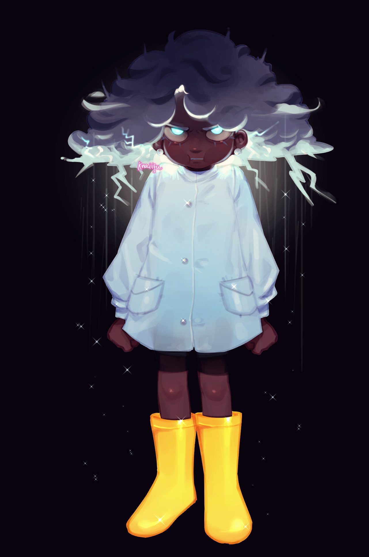 1girl :t angry bad_link blue_eyes blue_raincoat boots borrowed_character child clenched_hands cloud_hair curly_hair dark-skinned_female dark_skin electricity expressive_hair female_child glowing glowing_eyes highres knaiifu original pout puffy_cheeks rain_boots raincoat rubber_boots solo very_dark_skin