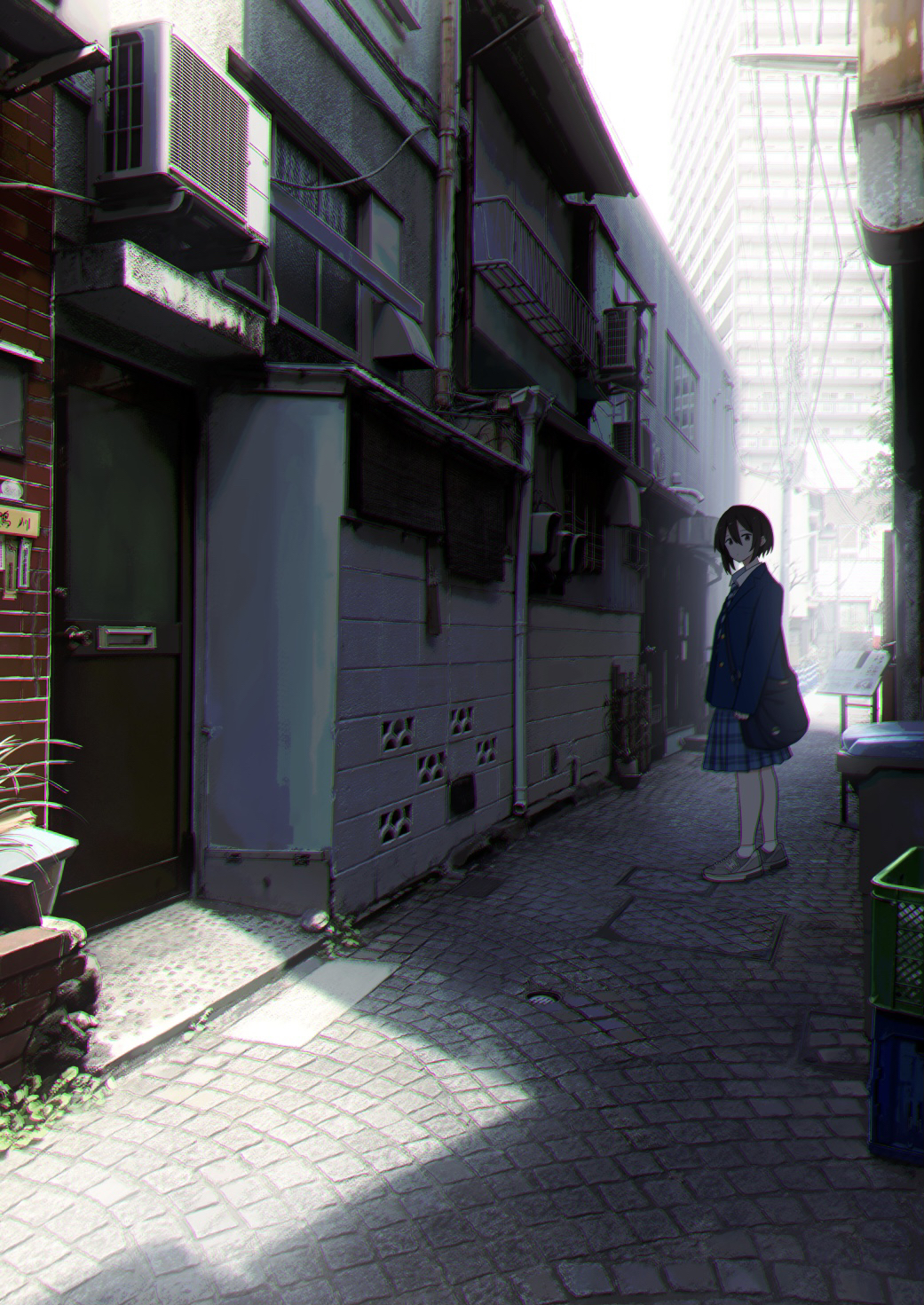 1girl alley black_hair blazer blue_jacket blue_skirt commentary_request door grass grey_footwear highres industrial_pipe jacket looking_at_viewer original plaid plaid_skirt sakeharasu scenery school_uniform shadow shoes short_hair skirt sneakers solo trash_can wide_shot