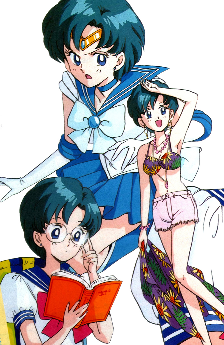 1990s_(style) 1girl adjusting_eyewear arm_up bikini bikini_top_only bishoujo_senshi_sailor_moon blue_choker blue_eyes blue_hair blue_sailor_collar blue_skirt book boots casual choker earrings elbow_gloves floral_print gloves highres holding holding_book inner_senshi jewelry knee_boots leotard magical_girl miniskirt mizuno_ami multiple_views necklace non-web_source official_art open_book open_mouth pleated_skirt reading retro_artstyle rimless_eyewear round_eyewear sailor_collar sailor_mercury sailor_senshi sailor_senshi_uniform school_uniform short_hair short_sleeves shorts skirt stud_earrings swimsuit tiara