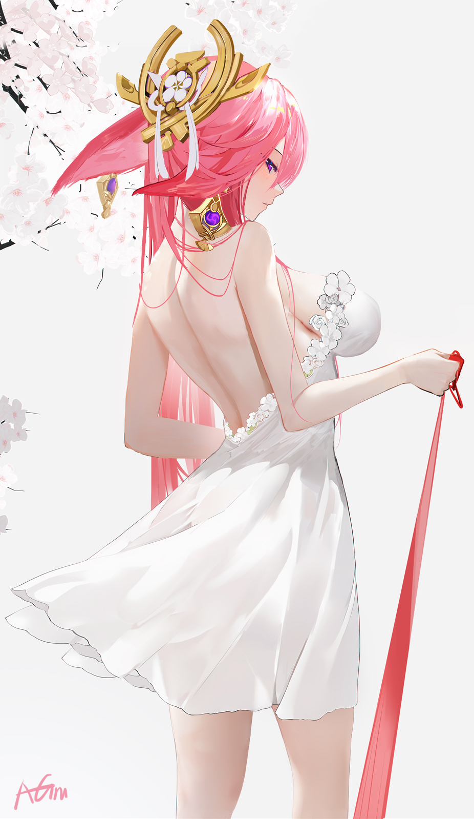 1girl animal_ears arched_back ass backless_dress backless_outfit bangs bare_arms bare_back bare_shoulders breasts cherry_blossoms dress floppy_ears fox_ears frilled_dress frills from_side genshin_impact hair_ornament highres holding large_breasts long_hair looking_at_viewer omone_hokoma_agm pink_hair purple_eyes sideboob sidelocks solo standing strapless strapless_dress thighs white_background white_dress yae_miko