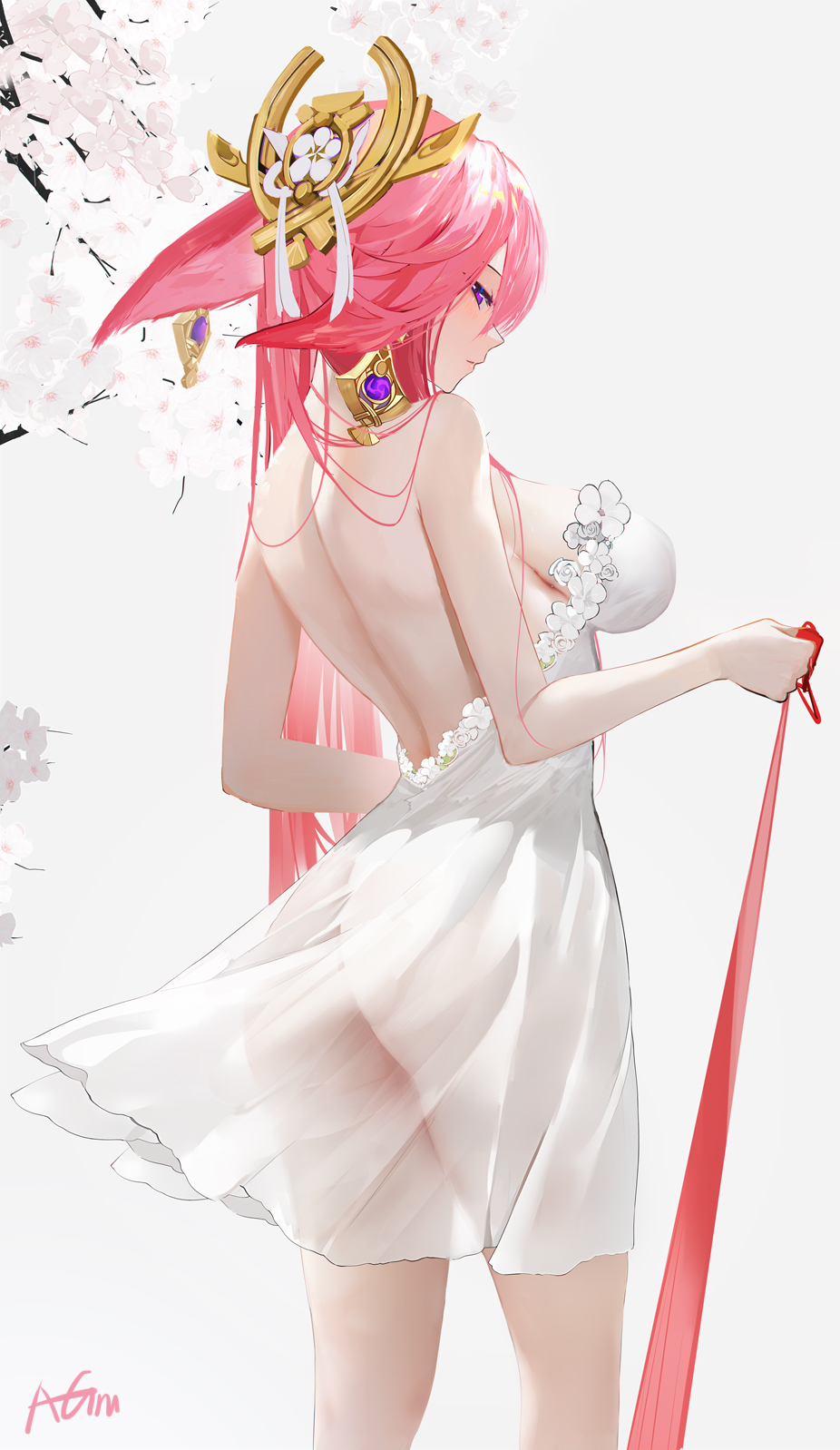 1girl animal_ears arched_back ass backless_dress backless_outfit bangs bare_arms bare_back bare_shoulders breasts cherry_blossoms dress floppy_ears fox_ears frilled_dress frills from_side genshin_impact hair_ornament highres holding large_breasts long_hair looking_at_viewer no_panties omone_hokoma_agm pink_hair purple_eyes see-through see-through_dress sideboob sidelocks solo standing strapless strapless_dress thighs white_background white_dress yae_miko