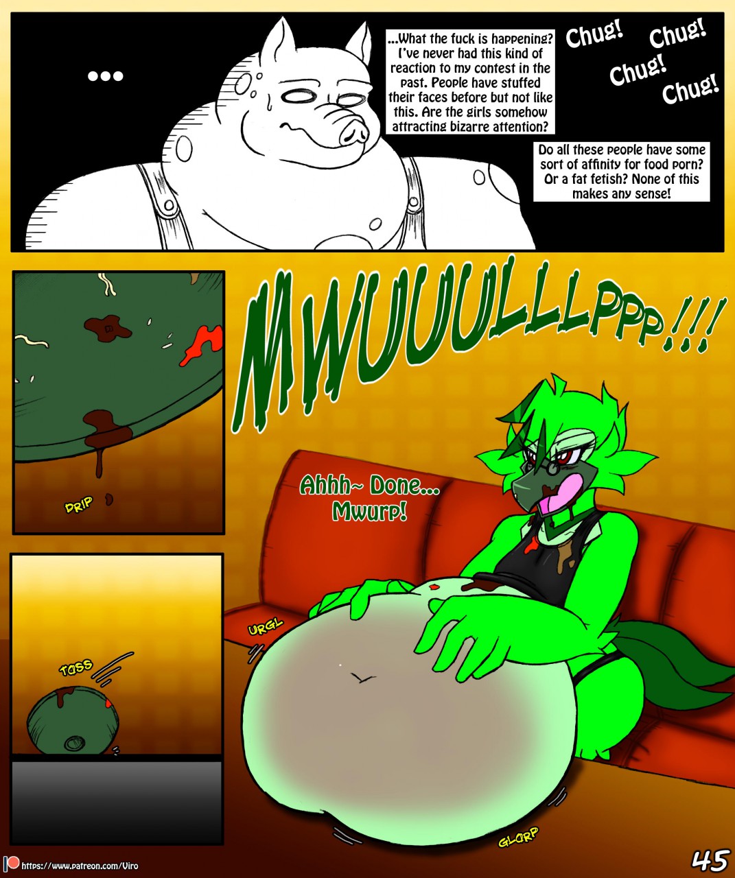 2018 anthro avian belly big_belly bird bottomwear bowl burping clothing comic container cuculiform deep_navel domestic_pig duo english_text female furniture hi_res kiwi_(viroveteruscy) male mammal mr._pig_(viroveteruscy) navel new_world_ground_cuckoo obese obese_male open_mouth overweight overweight_male roadrunner seat shirt sound_effects stuffing suid suina sus_(pig) table text topwear viroveteruscy warning_cream_filled